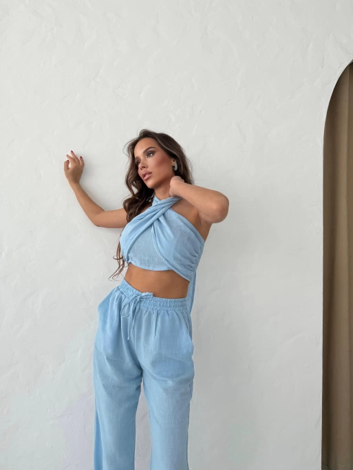 BOYUNDAN BAĞLAMALI BLUZ VE PANTOLONLU KETEN İKİLİ TAKIM MAVİ