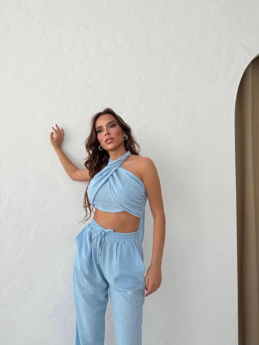 BOYUNDAN BAĞLAMALI BLUZ VE PANTOLONLU KETEN İKİLİ TAKIM MAVİ