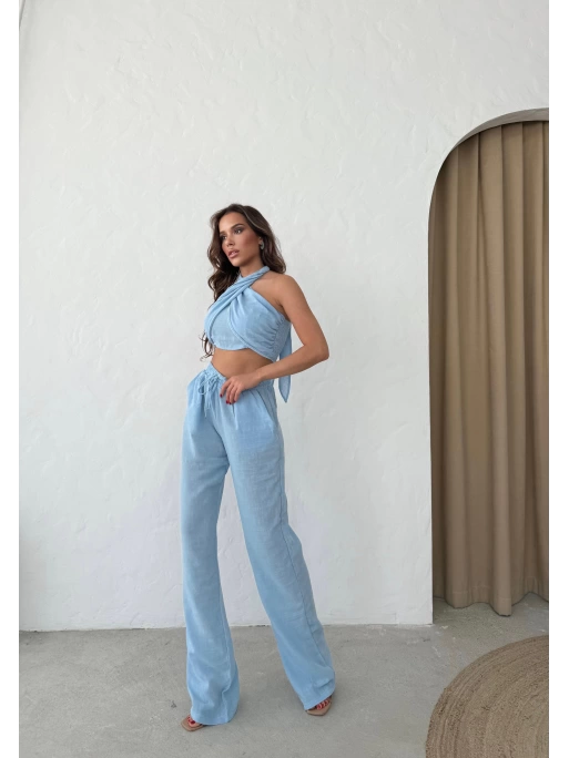 BOYUNDAN BAĞLAMALI BLUZ VE PANTOLONLU KETEN İKİLİ TAKIM MAVİ