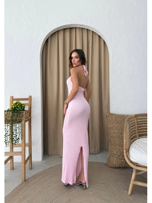 BOYUNDAN BAĞLAMALI GOFRE UZUN ELBİSE PEMBE
