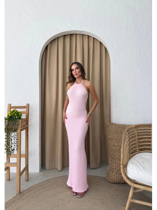 BOYUNDAN BAĞLAMALI GOFRE UZUN ELBİSE PEMBE