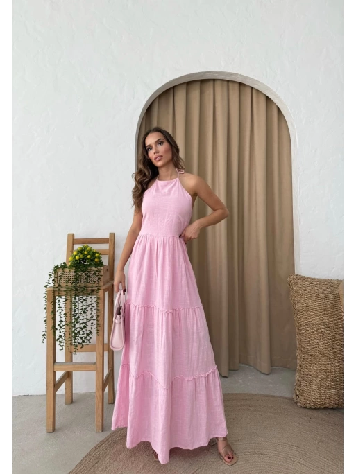 BOYUNDAN BAĞLAMALI İÇ ASTARLI KETEN UZUN ELBİSE PEMBE