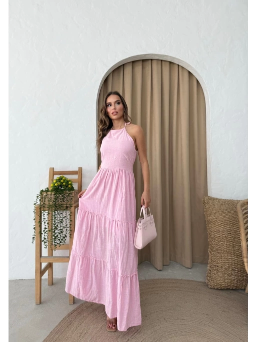 BOYUNDAN BAĞLAMALI İÇ ASTARLI KETEN UZUN ELBİSE PEMBE