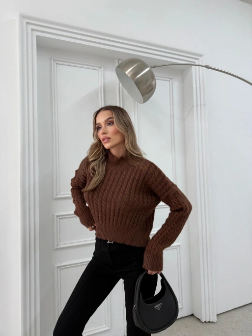 BURGULU YUMOŞ DOKULU CROP KAZAK KAHVE