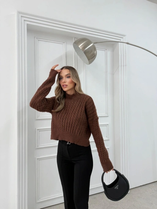 BURGULU YUMOŞ DOKULU CROP KAZAK KAHVE