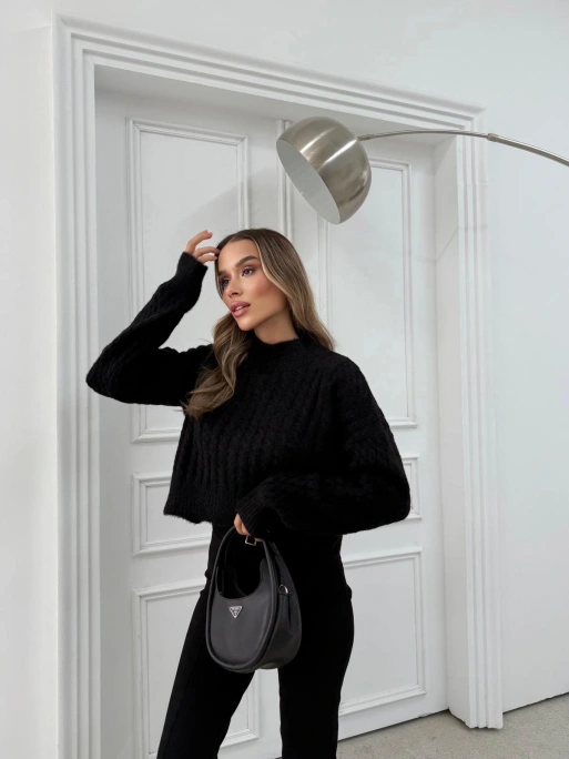 BURGULU YUMOŞ DOKULU CROP KAZAK SİYAH