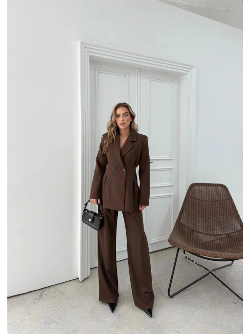 ÇİFT DÜĞME BLAZER CEKET VE PANTOLONLU DOUBLE KUMAŞ İKİLİ TAKIM KAHVE KO-1101