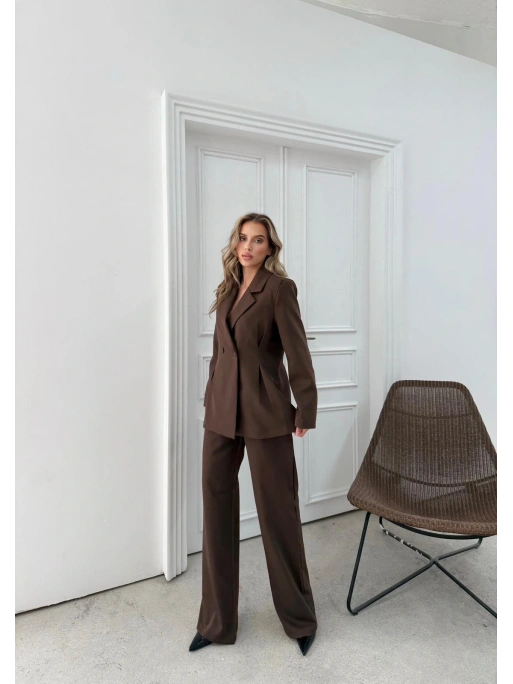 ÇİFT DÜĞME BLAZER CEKET VE PANTOLONLU DOUBLE KUMAŞ İKİLİ TAKIM KAHVE KO-1101