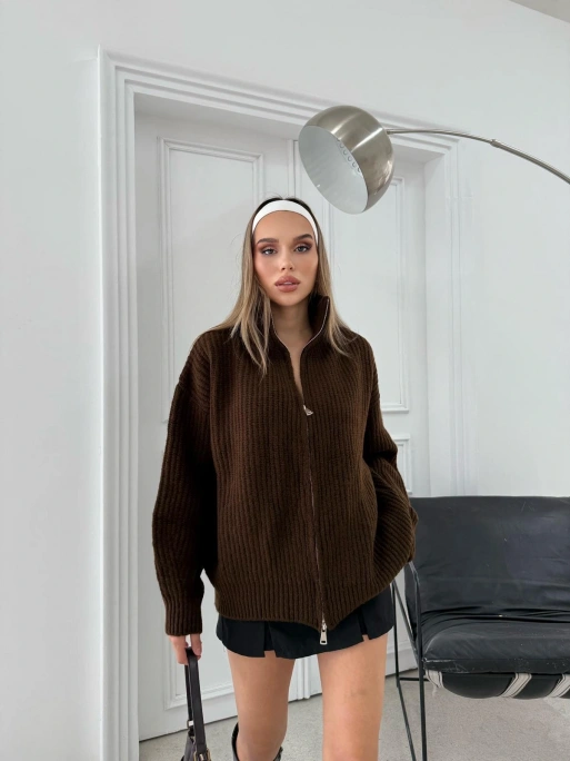 ÇİFT FERMUAR DETAY OVERSİZE TRİKO KAZAK KAHVE