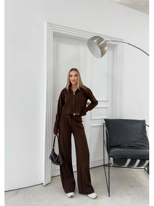 ÇİFT FERMUAR DETAY PARMAK GEÇMELİ KAPÜŞONLU KAZAK VE PANTOLONLU TRİKO TAKIM KAHVE