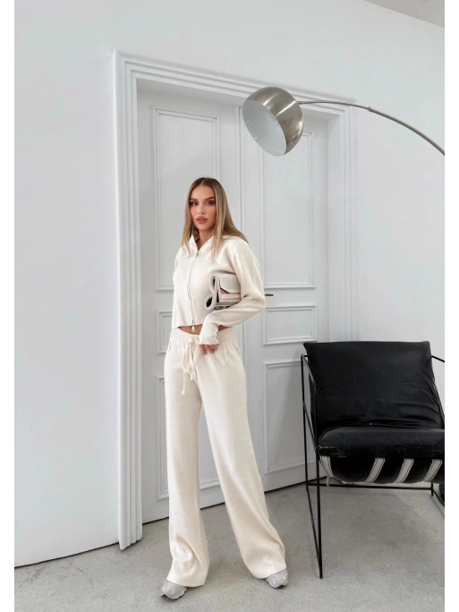 ÇİFT FERMUAR DETAY PARMAK GEÇMELİ KAPÜŞONLU KAZAK VE PANTOLONLU TRİKO TAKIM KREM