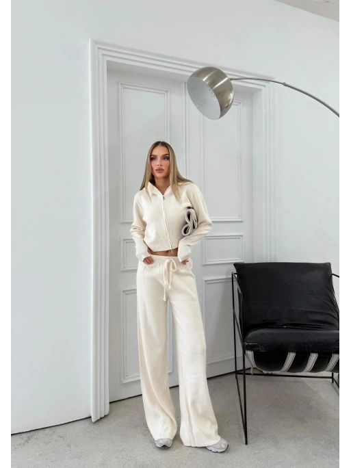 ÇİFT FERMUAR DETAY PARMAK GEÇMELİ KAPÜŞONLU KAZAK VE PANTOLONLU TRİKO TAKIM KREM