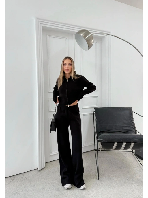 ÇİFT FERMUAR DETAY PARMAK GEÇMELİ KAPÜŞONLU KAZAK VE PANTOLONLU TRİKO TAKIM SİYAH