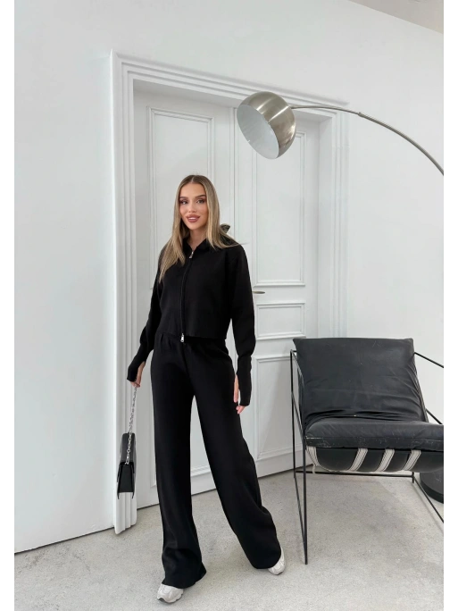 ÇİFT FERMUAR DETAY PARMAK GEÇMELİ KAPÜŞONLU KAZAK VE PANTOLONLU TRİKO TAKIM SİYAH