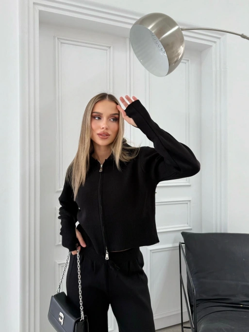 ÇİFT FERMUAR DETAY PARMAK GEÇMELİ KAPÜŞONLU KAZAK VE PANTOLONLU TRİKO TAKIM SİYAH