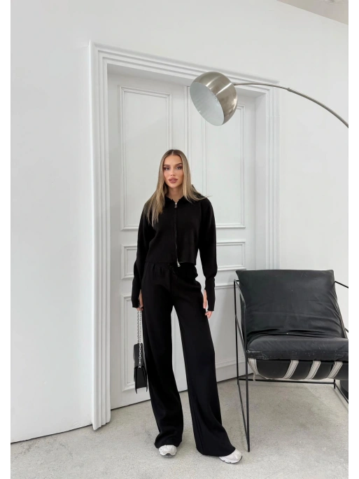 ÇİFT FERMUAR DETAY PARMAK GEÇMELİ KAPÜŞONLU KAZAK VE PANTOLONLU TRİKO TAKIM SİYAH