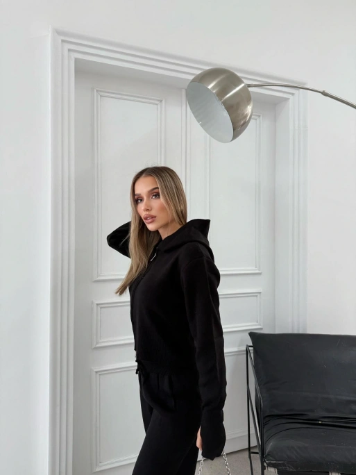 ÇİFT FERMUAR DETAY PARMAK GEÇMELİ KAPÜŞONLU KAZAK VE PANTOLONLU TRİKO TAKIM SİYAH