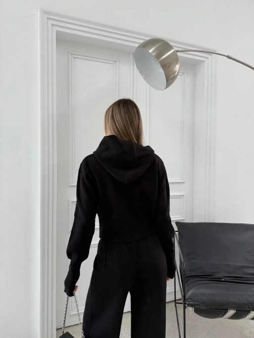 ÇİFT FERMUAR DETAY PARMAK GEÇMELİ KAPÜŞONLU KAZAK VE PANTOLONLU TRİKO TAKIM SİYAH