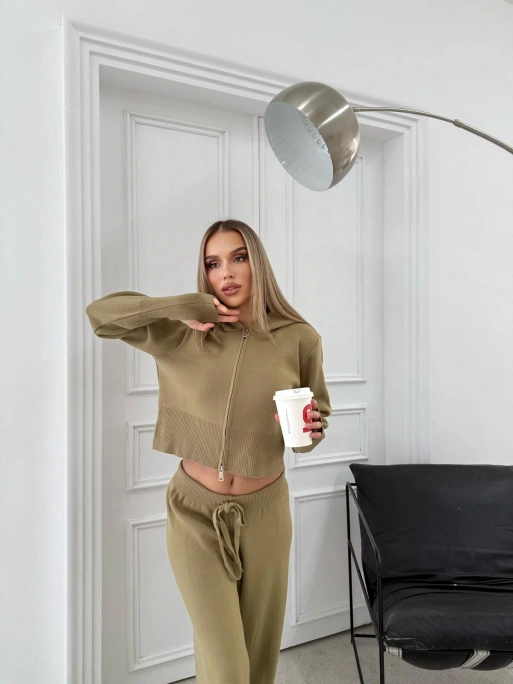 ÇİFT FERMUAR DETAY PARMAK GEÇMELİ KAPÜŞONLU KAZAK VE PANTOLONLU TRİKO TAKIM YEŞİL