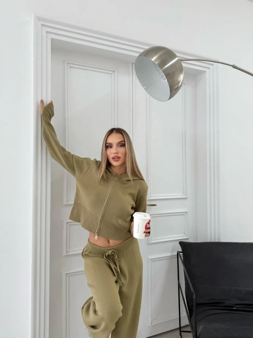 ÇİFT FERMUAR DETAY PARMAK GEÇMELİ KAPÜŞONLU KAZAK VE PANTOLONLU TRİKO TAKIM YEŞİL