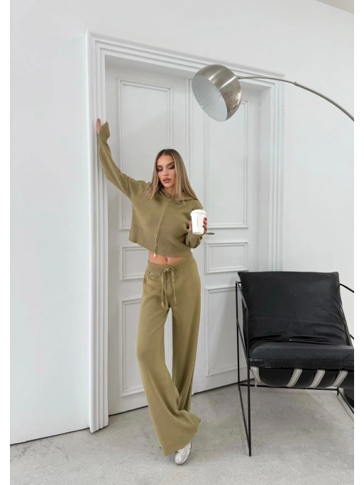 ÇİFT FERMUAR DETAY PARMAK GEÇMELİ KAPÜŞONLU KAZAK VE PANTOLONLU TRİKO TAKIM YEŞİL