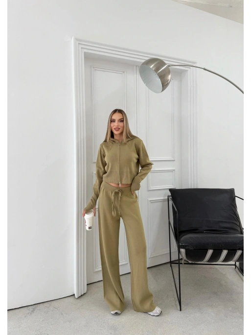 ÇİFT FERMUAR DETAY PARMAK GEÇMELİ KAPÜŞONLU KAZAK VE PANTOLONLU TRİKO TAKIM YEŞİL