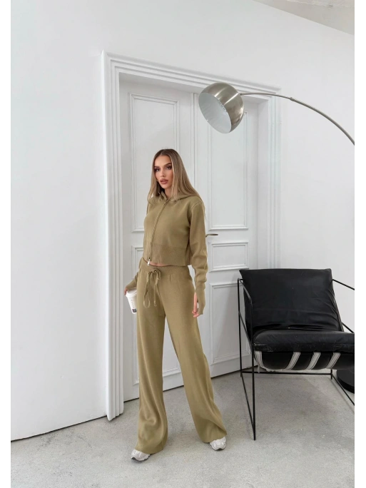 ÇİFT FERMUAR DETAY PARMAK GEÇMELİ KAPÜŞONLU KAZAK VE PANTOLONLU TRİKO TAKIM YEŞİL