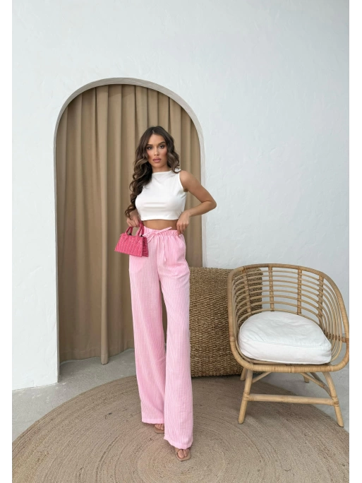 ÇİZGİLİ BEL BAĞCIKLI PALAZZO PANTOLON PEMBE