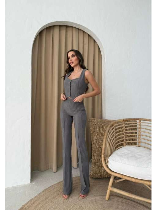 ÇİZGİLİ YELEK VE PANTOLONLU CREP KUMAŞ TAKIM GRİ