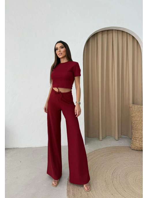 CROP VE PANTOLONLU BEL BAĞCIKLI TRİKO İKİLİ TAKIM BORDO
