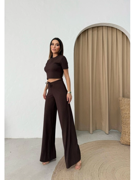 CROP VE PANTOLONLU BEL BAĞCIKLI TRİKO İKİLİ TAKIM KAHVE