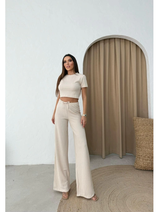 CROP VE PANTOLONLU BEL BAĞCIKLI TRİKO İKİLİ TAKIM KREM