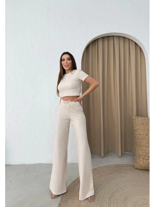 CROP VE PANTOLONLU BEL BAĞCIKLI TRİKO İKİLİ TAKIM KREM