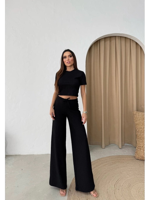 CROP VE PANTOLONLU BEL BAĞCIKLI TRİKO İKİLİ TAKIM SİYAH
