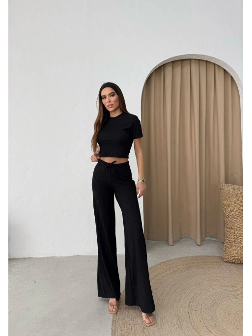 CROP VE PANTOLONLU BEL BAĞCIKLI TRİKO İKİLİ TAKIM SİYAH
