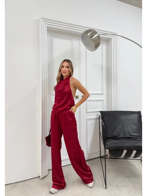 DEGAJE YAKA SIRT DEKOLTE BLUZ VE PANTOLONLU SATEN İKİLİ TAKIM BORDO
