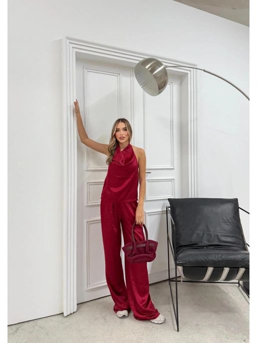 DEGAJE YAKA SIRT DEKOLTE BLUZ VE PANTOLONLU SATEN İKİLİ TAKIM BORDO