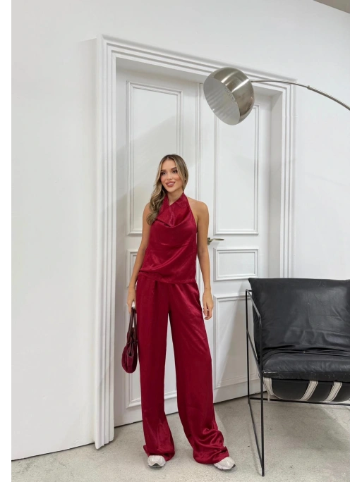 DEGAJE YAKA SIRT DEKOLTE BLUZ VE PANTOLONLU SATEN İKİLİ TAKIM BORDO