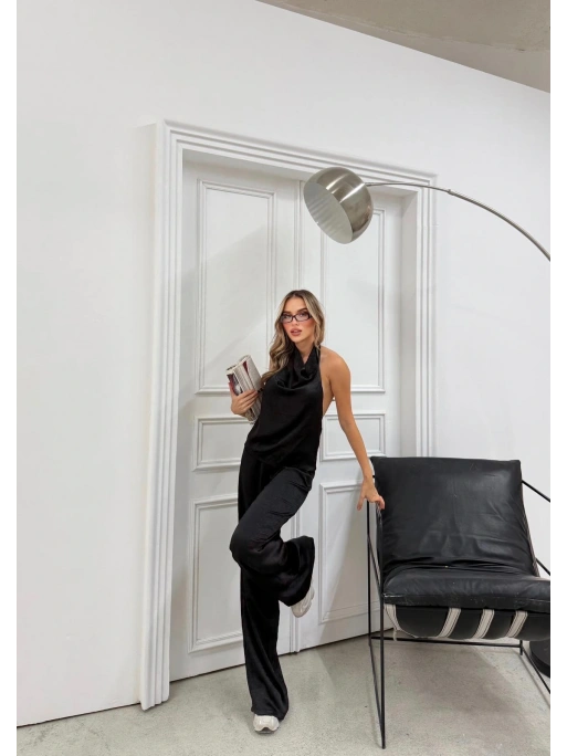 DEGAJE YAKA SIRT DEKOLTE BLUZ VE PANTOLONLU SATEN İKİLİ TAKIM SİYAH