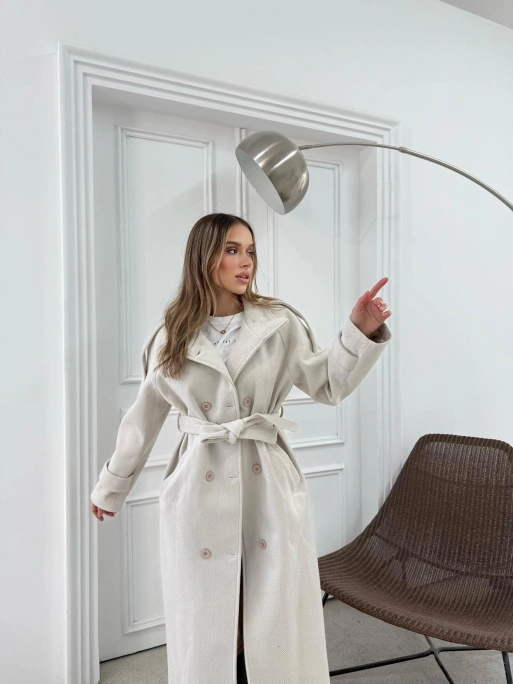 DİK YAKA DÜĞME DETAY İÇ ASTARLI KUŞAKLI KAŞE KABAN KREM