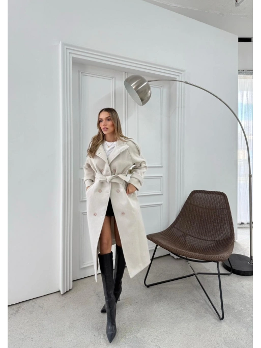 DİK YAKA DÜĞME DETAY İÇ ASTARLI KUŞAKLI KAŞE KABAN KREM