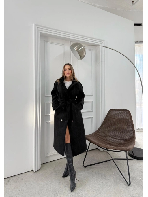 DİK YAKA DÜĞME DETAY İÇ ASTARLI KUŞAKLI KAŞE KABAN SİYAH