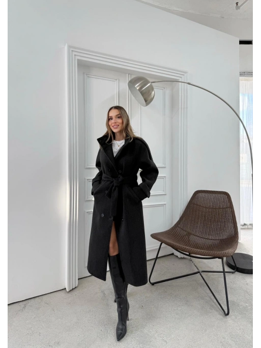 DİK YAKA DÜĞME DETAY İÇ ASTARLI KUŞAKLI KAŞE KABAN SİYAH