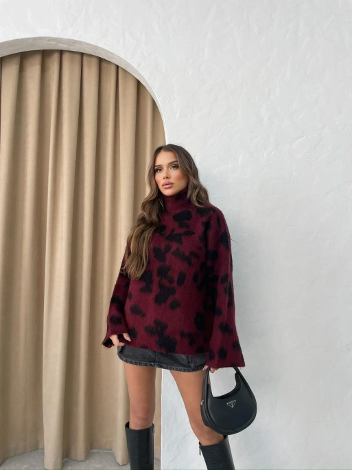DİK YAKA İSPANYOL KOL LEOPAR DESEN TRİKO BORDO