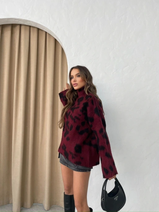 DİK YAKA İSPANYOL KOL LEOPAR DESEN TRİKO BORDO