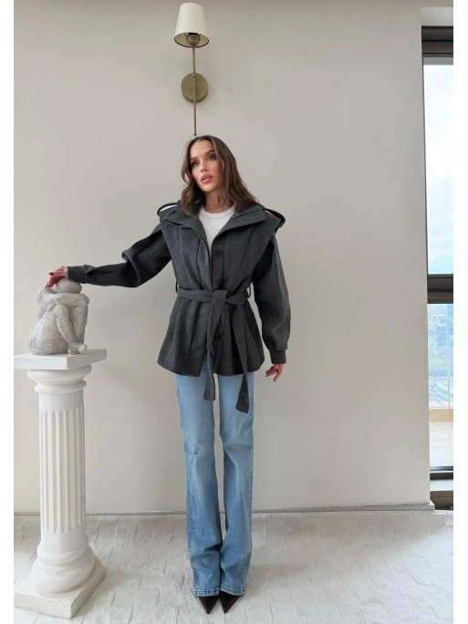 DİK YAKA OMUZ APOLETLİ BEL KUŞAKLI ASTARLI KAŞE KABAN ANTRASİT