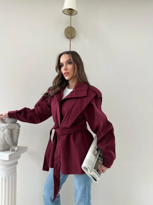 DİK YAKA OMUZ APOLETLİ BEL KUŞAKLI ASTARLI KAŞE KABAN BORDO