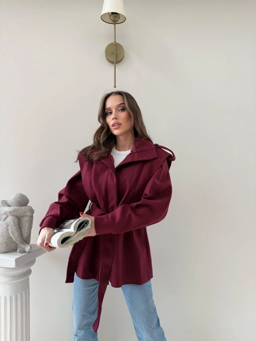 DİK YAKA OMUZ APOLETLİ BEL KUŞAKLI ASTARLI KAŞE KABAN BORDO