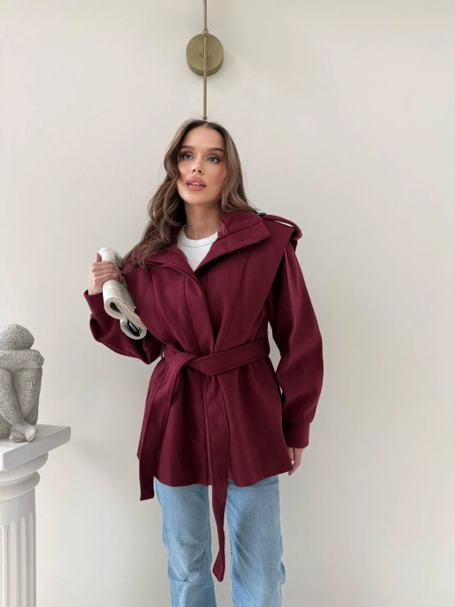 DİK YAKA OMUZ APOLETLİ BEL KUŞAKLI ASTARLI KAŞE KABAN BORDO