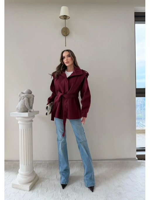 DİK YAKA OMUZ APOLETLİ BEL KUŞAKLI ASTARLI KAŞE KABAN BORDO